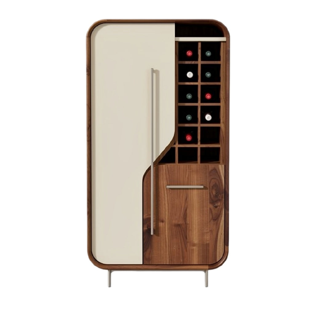 Moderne houten wijnkast met glazen deur en wijnrekken