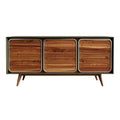 Moderne houten kast met drie lades en mid-century design.