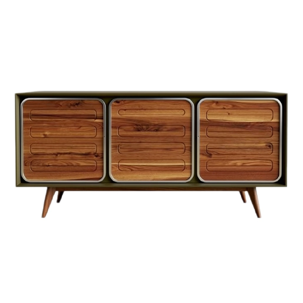 Moderne houten kast met drie lades en mid-century design.